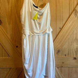 NWT Sabora White Asymmetrical Draped One Shoulder Side Tie Purity Cocktail Dress
